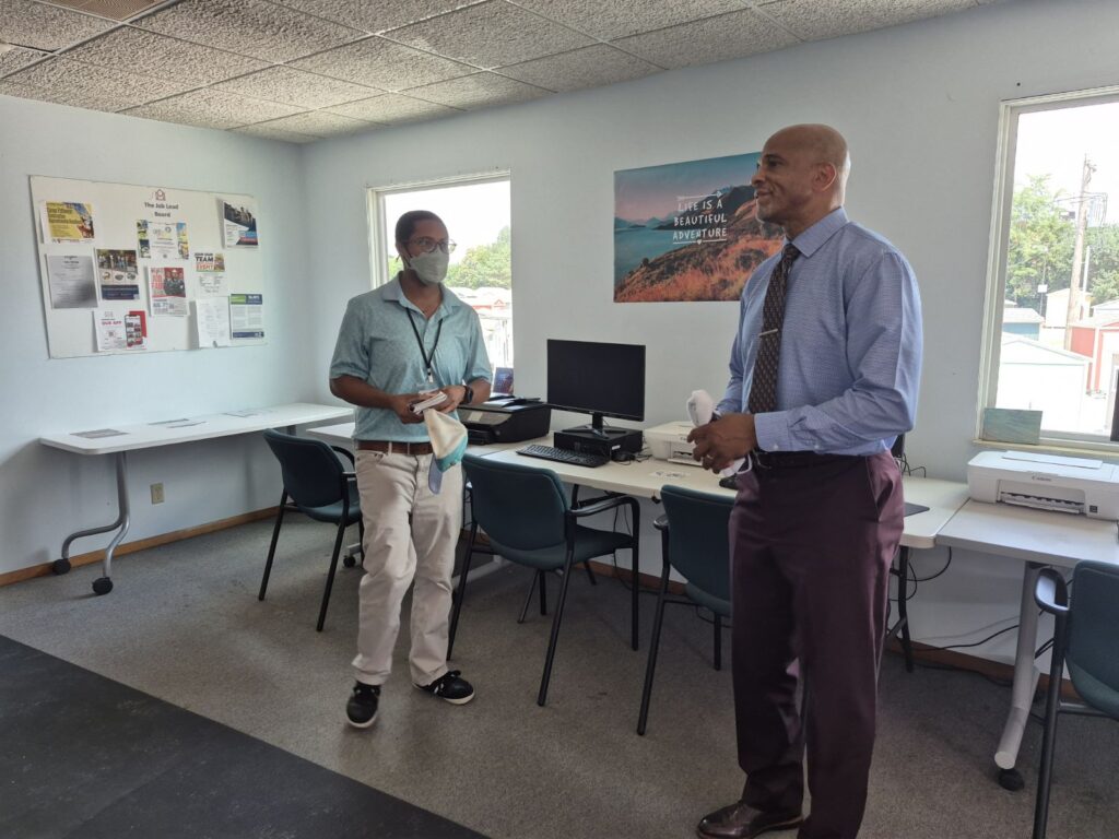 Mayor’s Office representative visits Magdala House’s Tiny Homes Village in St. Louis to learn about transitional housing and support for unhoused individuals.