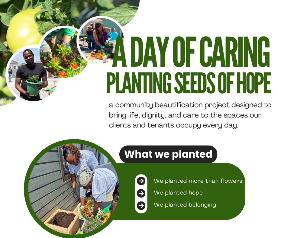 Clients and staff from Magdala House plant flowers together during “A Day of Caring,” a community event focused on dignity, healing, and beautifying shared spaces.