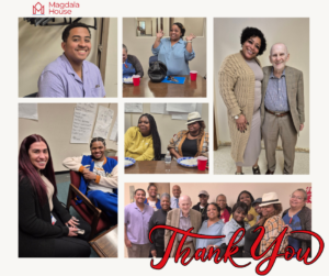 A collage of photos showing smiling staff from Magdala House during a farewell luncheon for the Sisters Mission team. The images include small group conversations, joyful expressions, shared meals, and a group photo featuring staff with CEO Tom Mangogna. The Magdala House logo appears in the top left corner, and the words "Thank You" are written in large red script at the bottom.