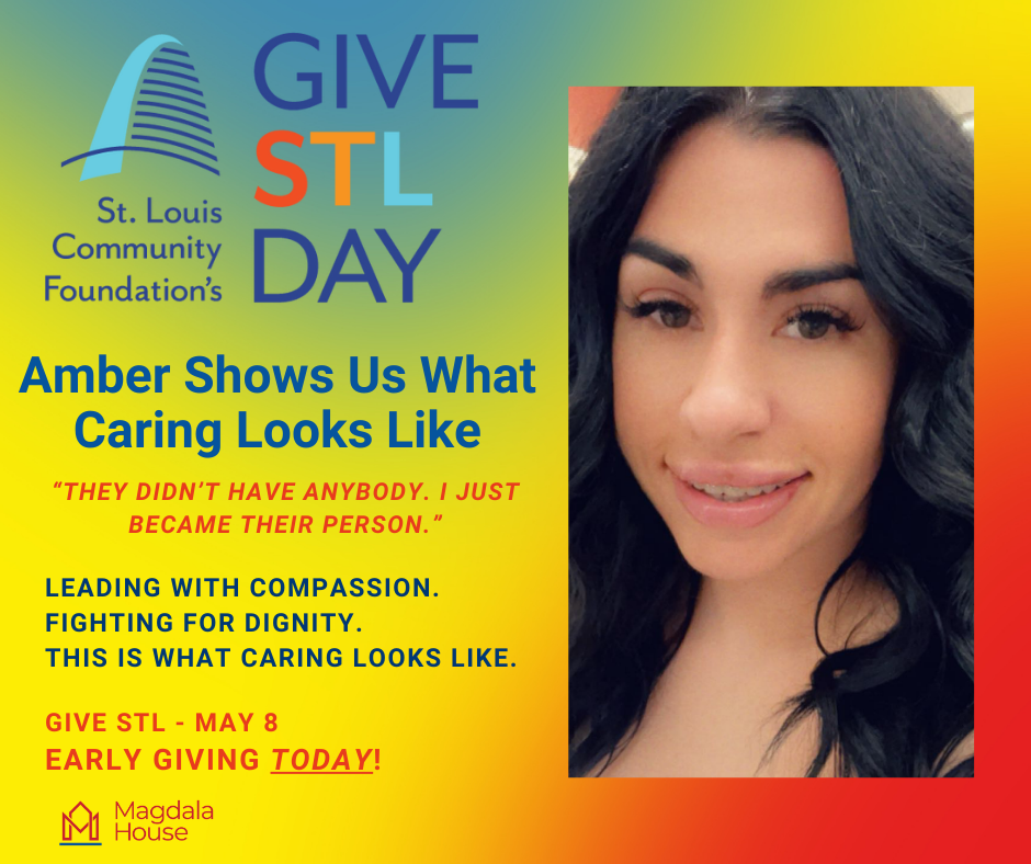 Amber, a Magdala House team member, smiles warmly as she stands outside one of the organization's supportive living homes, representing her commitment to advocacy and care.