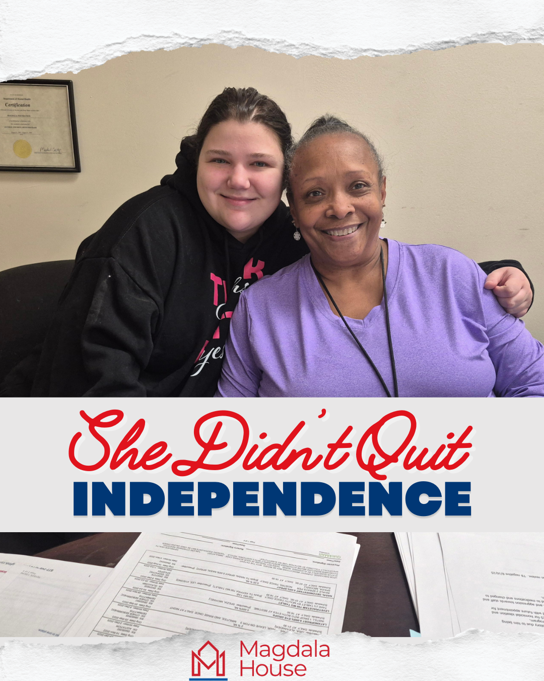 Jillian and a Magdala House staff member smiling together, representing her journey toward independence