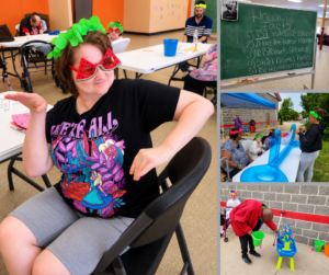 Adult Day Care client wearing a lei headband and watermelon sunglasses smiles during a Hawaii-themed learning activity at Magdala House.