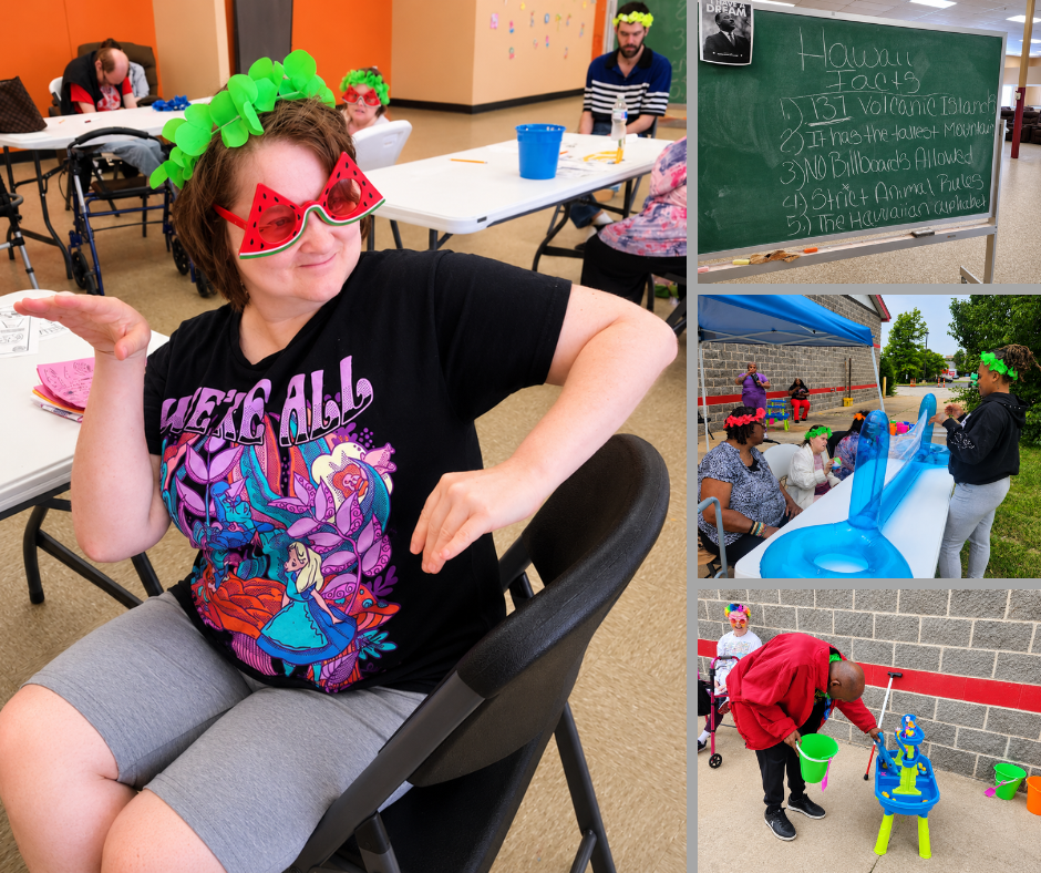 Adult Day Care client wearing a lei headband and watermelon sunglasses smiles during a Hawaii-themed learning activity at Magdala House.