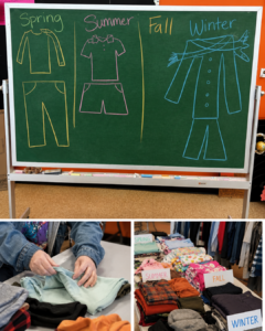 Collage showing a seasonal clothing lesson at Magdala House's Adult Day Program in St. Louis: a chalkboard sketch of spring, summer, fall, and winter outfits, hands folding a seasonal sweater, and clothing sorted by season on a table.