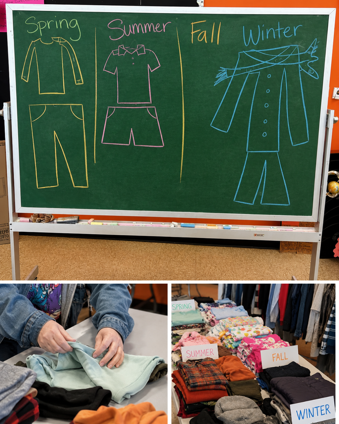 Collage showing a seasonal clothing lesson at Magdala House's Adult Day Program in St. Louis: a chalkboard sketch of spring, summer, fall, and winter outfits, hands folding a seasonal sweater, and clothing sorted by season on a table.