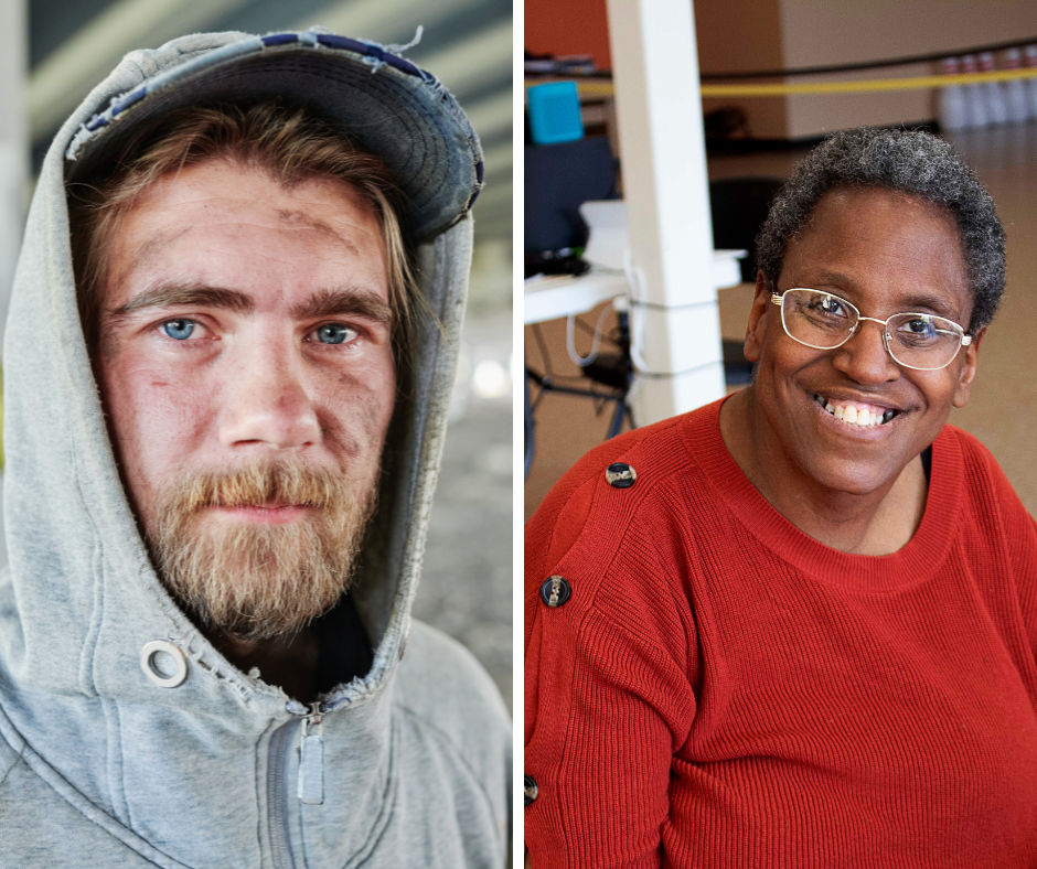 Split image showing two people: on the left, a man experiencing homelessness; on the right, a smiling woman in a supportive program setting, representing disability services.